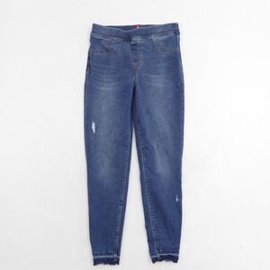 SPANX Women's Size Large Blue Denim Skinny Jeans Leggings Distressed Frayed Hem